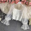 Neploe Blusas Mujer De Moda 3D Floral Square Collar Llace Camicia Patchwork Garza Perline Camicetta Dolce Camicette corte Top 210422
