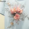 Neploe O Neck Flower Emboidery Pullover T 셔츠 여성 느슨한 인과 인과 분홍색 짧은 소매 티 여름 New Cutton Top 49174 210322