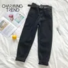 Womens Jeans Pant Black Koreaanse gewas Meisjes Studenten Vintage Solid Long Broek Fit Vrouwelijke Hoge Taille Denim Dames 210715