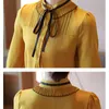 Autumn Stand Collar Loose Cardigan Tops Female Yellow Bow Chiffon Blouse Elegant Long Sleeve Women's Shirt 11548 210427