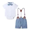 Toddler baby pojkar sommar gentleman slips kortärmad tröja + övergripande shorts sätter kläder för spädbarn 210521