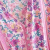 ビューティーファッションボーホーピンク花柄プリントミディドレス女性ビーチシックヴィンテージロングドレス女性夏休みウェア210514