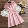 Japanese Mori Girl Summer Dresses Women Peter Pan Collar Pink Yellow Plaid Dress Cartoon Printed Cute Kawaii Sweet Bow 210520