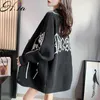 H.SA Inverno Y2K Mulheres Camisola Cardigans Long Long Lettters Black Cardigan Knit Sweater Tops Kitcoat Oversized Kawaii Cardigan 210716