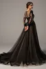 2021 Black and Nude Champagne Gothic Wedding Dresses Bridal Gowns Mermaid With Detachable Train Lace Tulle Long Sleeves Bride Dress Non White