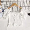 LY VAREY LIN Summer Women Casual Lace Lace-up Bow Slim Folds Shirts Sweet Slash Neck Puff Sleeve Solid Color Short Shirt Tops 210526