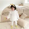 Estilo coreano meninas moda cor sólida pijama pijama conjunto crianças linho de algodão ruffles manga comprida sleepwear roupas 2pcs terno 210615