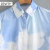 Zevity Women Fashion Blue Sky White Cloud Print Smock Blouse T Shirts Kvinnor Lantern Sleeve Business Roupas Chic Blusas Tops LS7184 210603