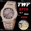 2021 TWF 5719 Cal A324 Automatic Mens Watch 18K Rose Gold Paved Diamonds Light brown Texture Dial Iced Out Diamond Bracelet Super Edition Jewelry Watches Puretime C03