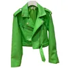 Lautaro Y2k Short Green Gecko Biker Leather Jacket Long Sleeve Zipper Belt Colored Stylish Outerwear for Women Fashion 210908