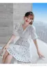 Elegant Fashion Sweet White Embroidery Mini Dress Vintage V-Neck Puff Sleeve High Waist Slim Dresses Female Vestidos 210518