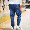 Men Peking Opera Mask Embroidered Elastic Waist Drawstring Jeans Fashion Male Denim Trousers Plus Size 5XL 6XL 7XL 8XL 210716