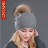 Jesień Zima Dzianiny Wełny Kapelusze Dla Kobiet Moda Pompon Czapki Futro Kapelusz Kobiet Ciepłe Czapki Z Naturalną Oryginalną Kapelętą Raccoon Cap 211228