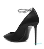 Klasik Siyah Zincir Süslenmiş Saten Yüksek Topuklu Güzel Yüksek Topuklu Ayakkabı Metal Kap Kadın Stiletto Seksi Ayak Bileği Zincir Band Ayakkabı Lüks