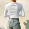 Yedinas Spring White Långärmad T-shirt Kvinnor Toppar Bodycon Solid Basic Ribbed T-shirt Casual Sexig Crop Top Tee Femme 210527