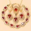 Dubai Gold Colors Wedding Accessories AAA+ Red Garnet Bridal Jewelry Sets For Women Charm Bracelet And Ring Sets H1022
