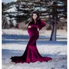 Samt Umstandskleid für Fotoshooting Babypartykleid Langarm Tailing Schwangere Frauen Kleidung Maxikleid Herbst und Winter