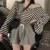 Kimutomo kvinnor randig t-tröjor våren hong kong stil kvinnlig slash neck långärmad chic pullovers outwear casual 210521