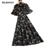 Lato Kwiatowy Drukowane Szyfonowe Długie Sundress Eleganckie Kobiety Flared Krótki Rękaw Party Vestidos V-Neck Ruffles Beach Dress Tuniki 210520