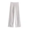 ZA 2021 vrouwen recht losse volledige lengte hoge taille broek mode zak kantoor witte elastische taille wijd-legged broek mujer q0801