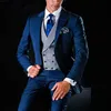 3 Sztuka Groom Tuxedo do ślubu Navy Niebieski Slim Fit Men Garnitury z Notched Lapel Moda Kurtka Moda Szare kamizelka z spodniami X0909