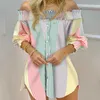 Kvinnor Fashion Striped Print Shirt Lady Long Sleeve Blue Off Shoulder Ruched Button Design Casual Tops 210716