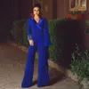 Modern Arabic Royal Blue Formal Evening Dresses Jumpsuits For Women Pearls Beaded Long Sleeve V-Neck Prom Dress Special Occasion Gown Custom Made