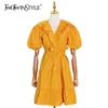 Темперамент пэчворк рюшачьего летом платье для женщин v шеи слойные рукава высокие талии платья женщины мода 210520