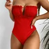 Bretelles une épaule haut de Bikini creux Bandage dos nu volant femme été plage pièce Bandeau maillot de bain 210604