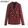 KPYTOMOA Femmes Mode Double Boutonnage Tweed Check Blazer Manteau Vintage Manches Longues Effiloché Garnitures Femelle Survêtement Chic Tops 211019