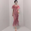 Mode Designer Vintage Elegant Blomma Tryck Ruffles Mermaid Party Dresses Office Ol Bodycon Chiffon Slim Dress Robes 210518