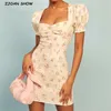 Ретро французская маленькая цветочная печать короткое платье с слоеным рукавом лето женщина центр Ruched мини платья праздник 210429