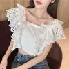 Korean Sexy Hollow Out White Shirt Women Sweet Backless Bow Sleeveless Summer Ladies Blouse Square Collar Short Style Tops 14591 210512