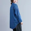 Otoño moda mujer manga larga suelta cuello vuelto algodón camisas de mezclilla dos bolsillos blusas casuales tamaño grande M646 210512