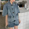 High Street Casual Frauen Blau Zwei Teile Set Denim Süße Hauchhülse Top Hemd Nette Minirock T3034 210514