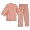 NHKDSASA Kimono Pyjamas V-Col Coton Crêpe Pijamas Femmes 2 Pièces Ensemble Double Couche Gaze Vêtements De Nuit Sommeil Tops Hommes Homewear Mujer 210830