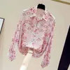 Jesień Koreański styl z długim rękawem Top Kobiety Floral Plus Size Luźna Szyfonowa Bluzka Cardigan Button Up Koszula Blusas 11596 210512