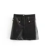Vintage high waist PU leather skirts woemns sexy mini Stretwear pocket office black winter womens 210521
