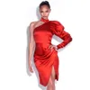 Sommer Frauen Rot Eine Schulter Langarm Midi Kleid Sexy Drapierte Club Promi Abend Runway Party Dame Kleider 210423