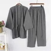 Style japonais pyjamas coton lin rayure peignoir Homewear sommeil Yukata pour adulte été mince Robe vêtements pantalon ensemble 210928