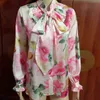 Designer Runway Elegant Pink Floral Satin Blouses Dames Vintage Bowknot Glad Casual Blusas Vrouwelijke Shirts Mujer Camiseta 210421