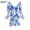 [DEAT] Summer Fashion Square Collar High Waist Drawstring Long Sleeve Printing Elegant Dress Women 13Q003 210527