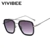 Vivibee 2021 Square Men Edith Sunglasses Vintage Tony Stark Silver Metal Frame Blue Lens Glasses