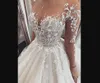 2021 Vintage Illusion Långärmade En Linje Bröllopsklänningar Brudklänningar Juvel Neck Button Back Lace Appliques Pearls Ball Gown Vestido de Novia Custom Plus Storlek