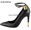 Sexy Pointed Toe Gold Padlock Chain Ankle Strap Ladies High Heels Snakeskin Dress Shoes Women Patent Leather Pumps