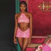 MHCMBSBS Sexy Two Piece Set Women Tie Dye Ruched Halter Crop Tops Corset Top + Drawstring Mini Skirts Summer Beach Vacation 210517