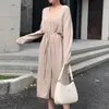 Women Elegant Solid Midi Dress With Belt V Neck Korean Chic es Long Sleeve Casual Knitted Sweater Robe 210515