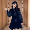 Navy Blue High-End Dresses Women Long Sleeve Ruffles Button Above Knee Short Dress Mini Lace Puff Vestidos Plus Size 210601