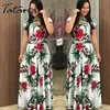 Wiosna Lato Kobiety Moda Floral Print Maxi Sukienka Z Krótkim Rękawem Casual Czarny Elegancki bal Seksowna Długa Kobieta Vintage 210514