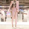 moda rosa 2 pezzi set per le donne tailleur pantalone singolo bottone dentellato blazer pantaloni a vita alta abbigliamento da lavoro casual abito da donna 210519